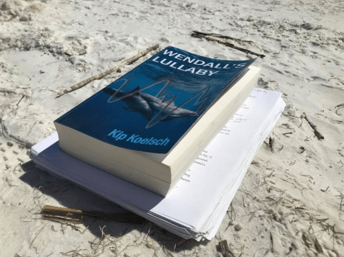 book and manuscript on the beach